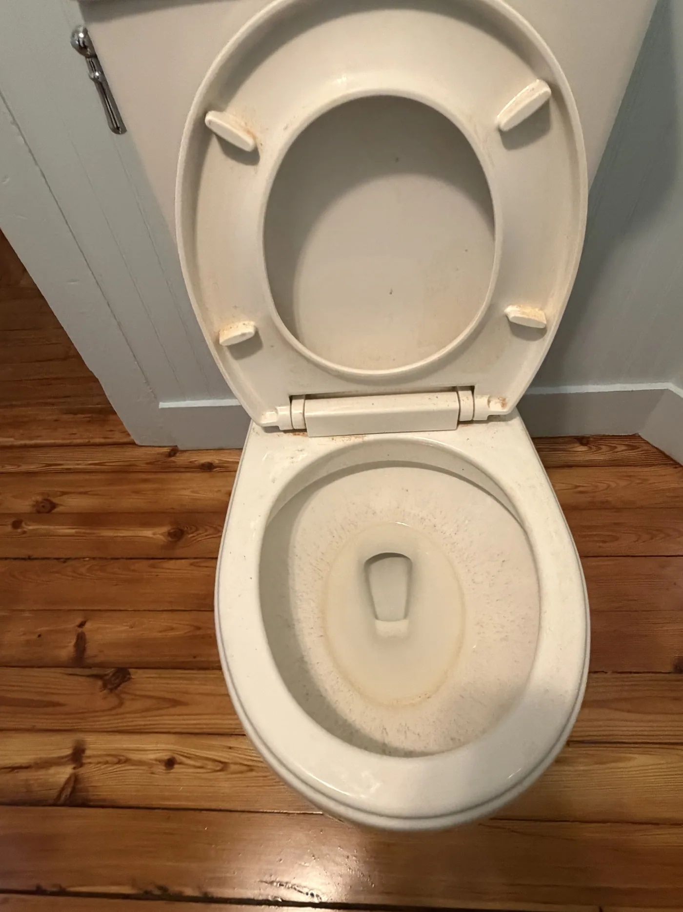 Before: toilet bowl and seat with heavy staining and mineral buildup