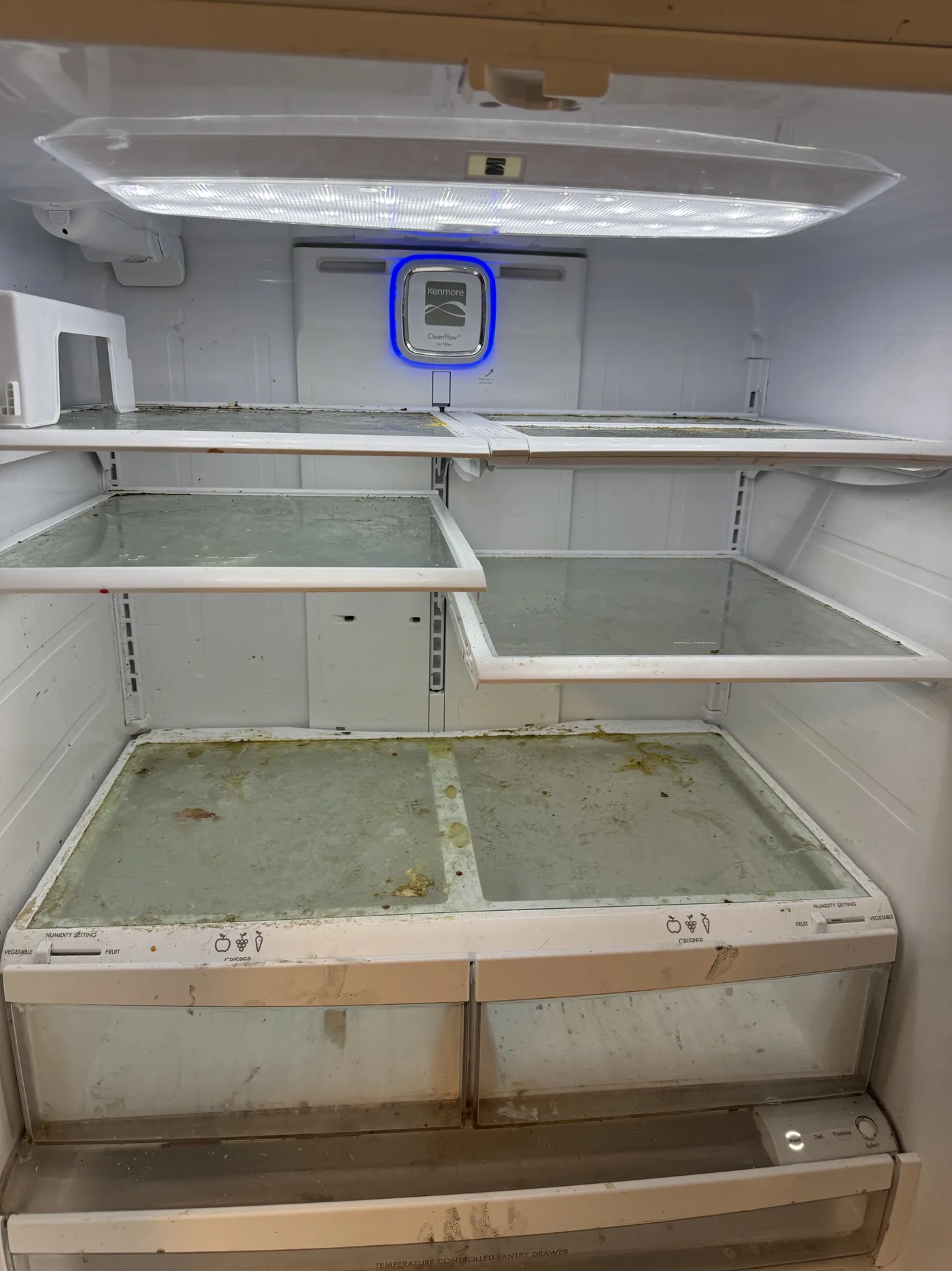 Before: refrigerator interior with food residue and grime on every shelf