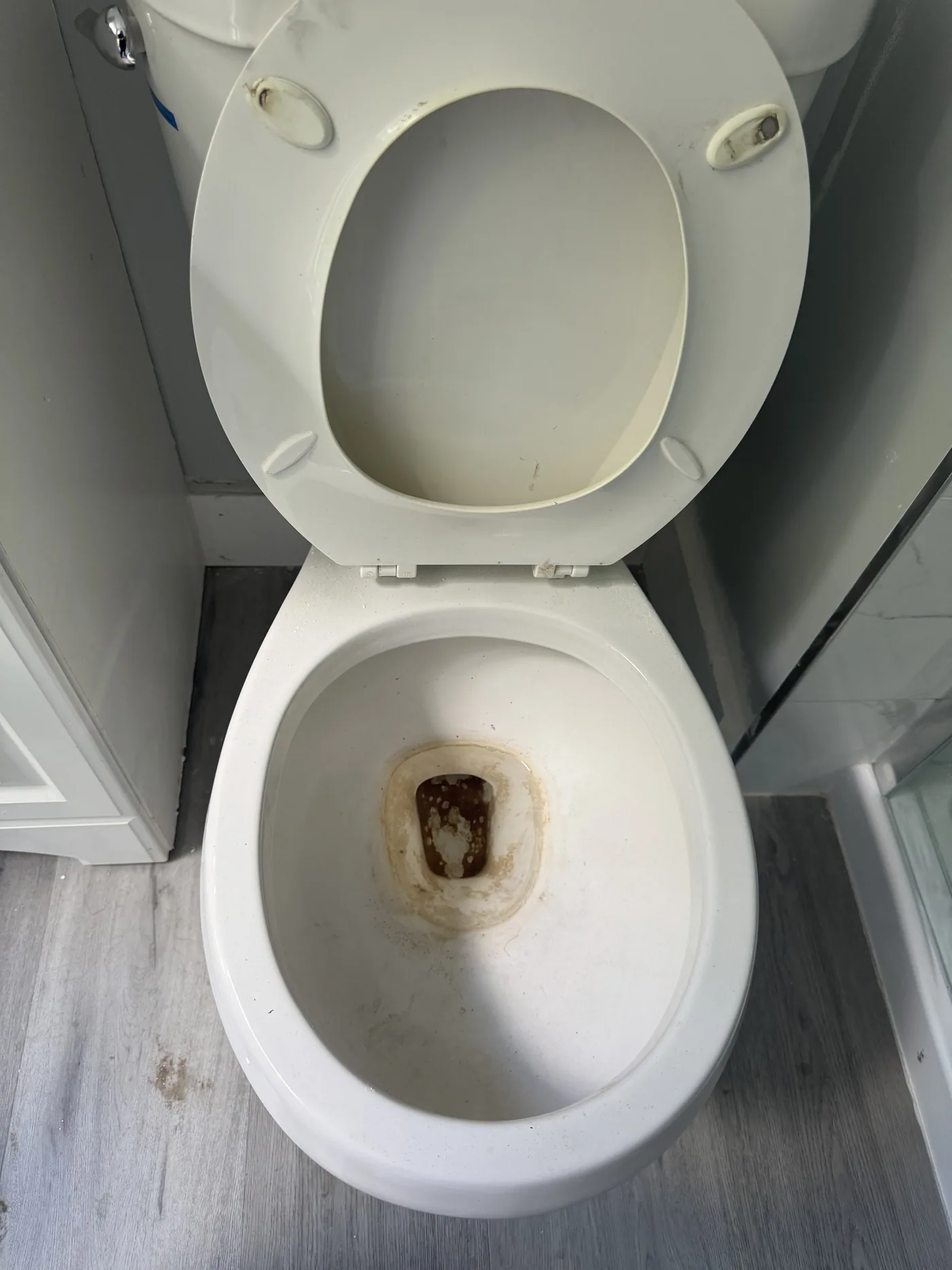 Before: toilet bowl with rust rings and hard water stains around the drain