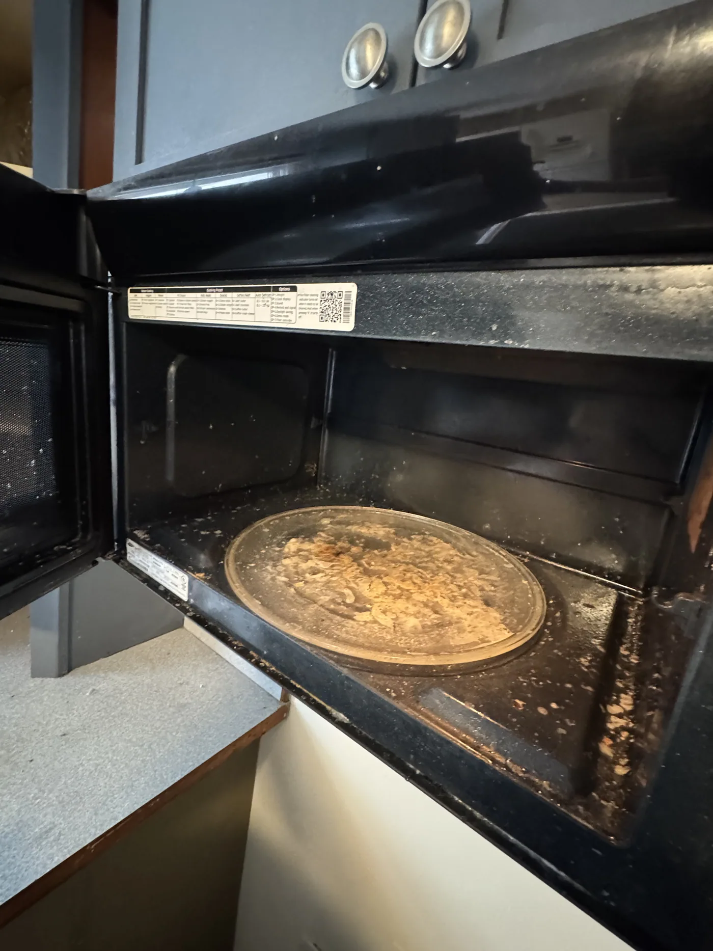 Before: microwave interior coated in baked-on food splatter and grease
