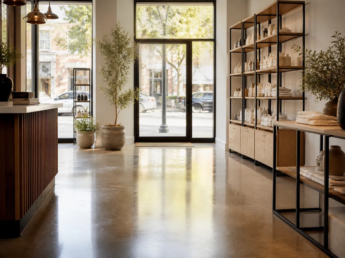 Retail showroom entrance with streak-free glass and buffed floors