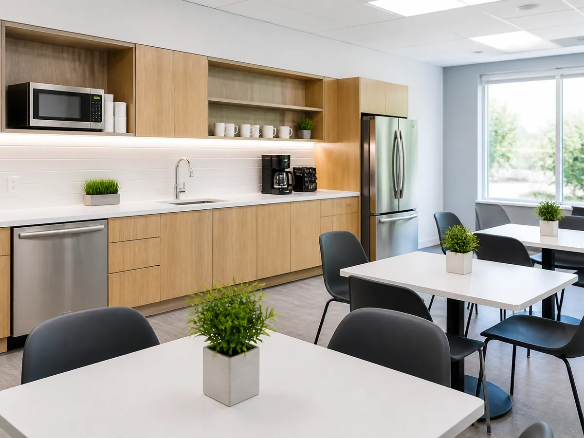 Office break room with sanitised counters, appliances and tables