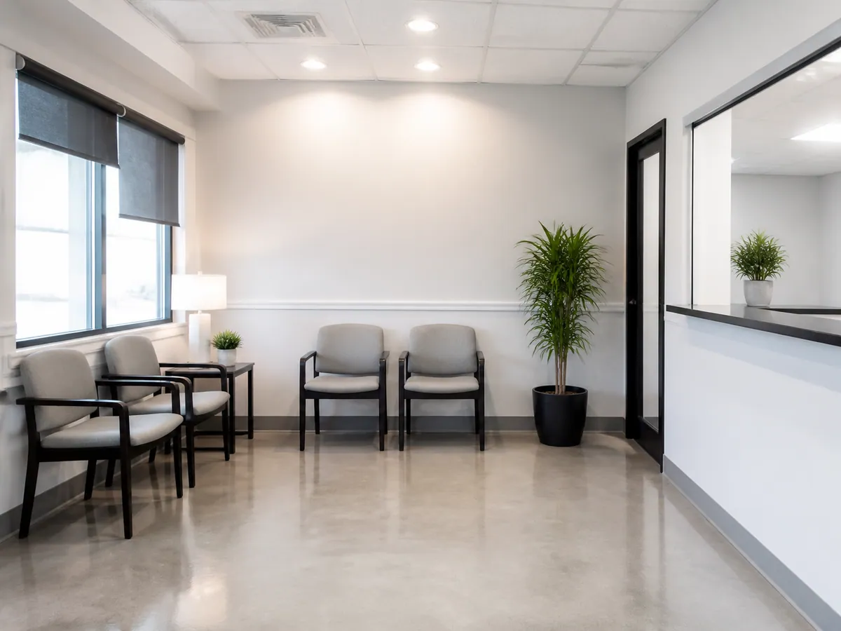 Waiting room with clean seating, dusted surfaces and mopped floors