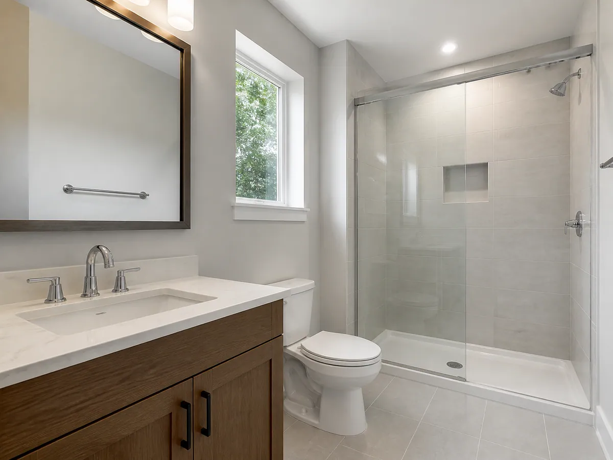 Bathroom cleaned top to bottom with polished vanity, mirror and shower