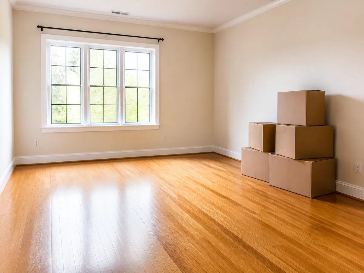 Empty bedroom with clean floors and windows ready for move-in