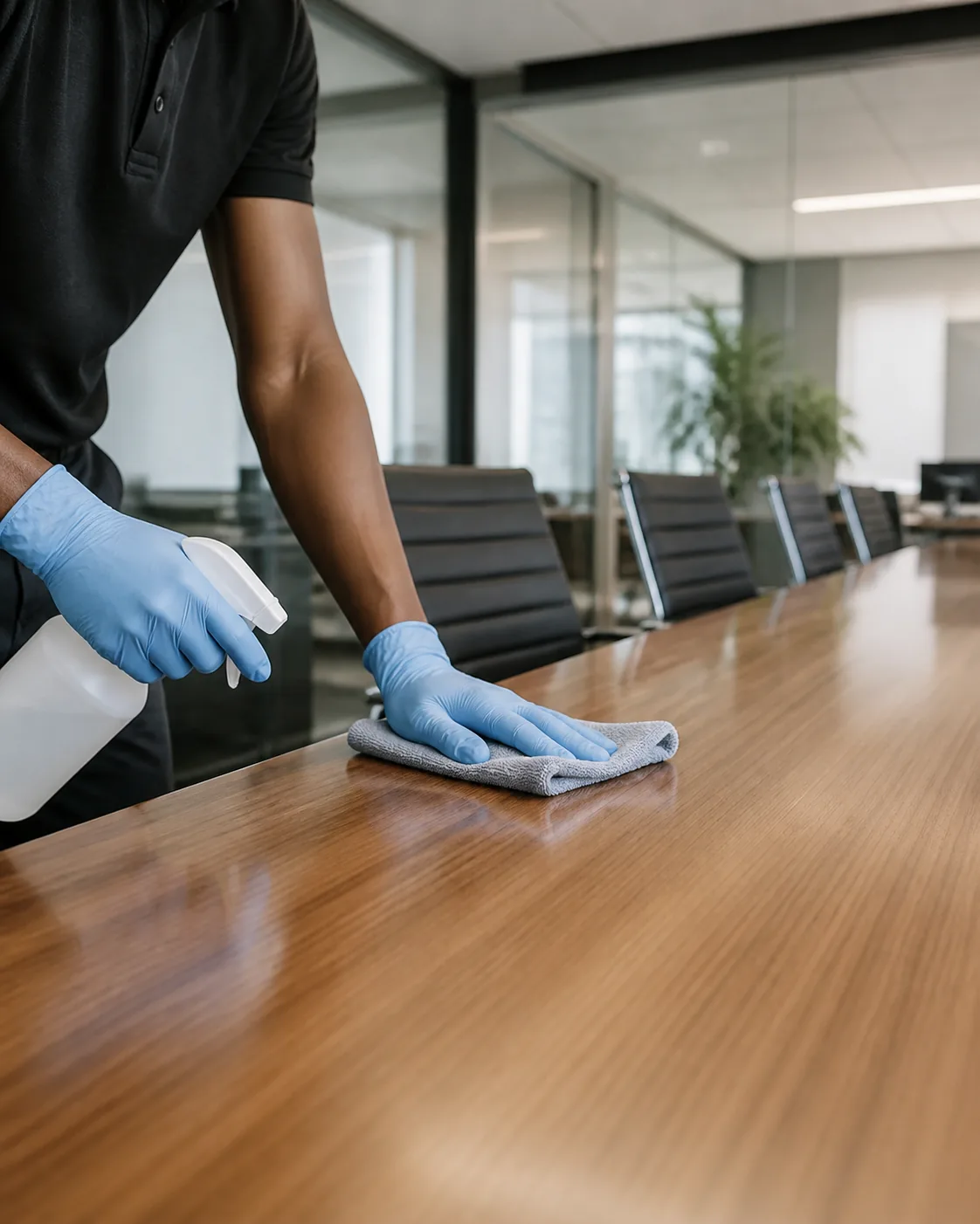Commercial cleaning technician sanitizing a conference room table