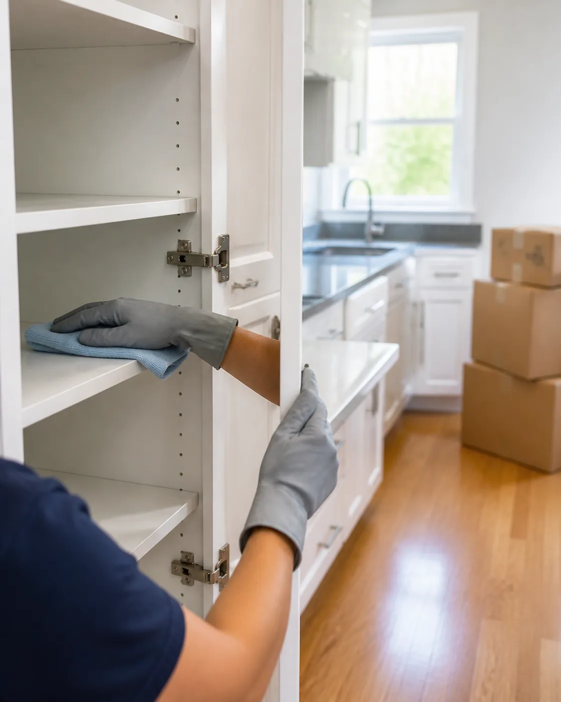 Move-out cleaning inside empty kitchen cabinets